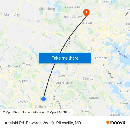 Adelphi Rd+Edwards Wy to Pikesville, MD map