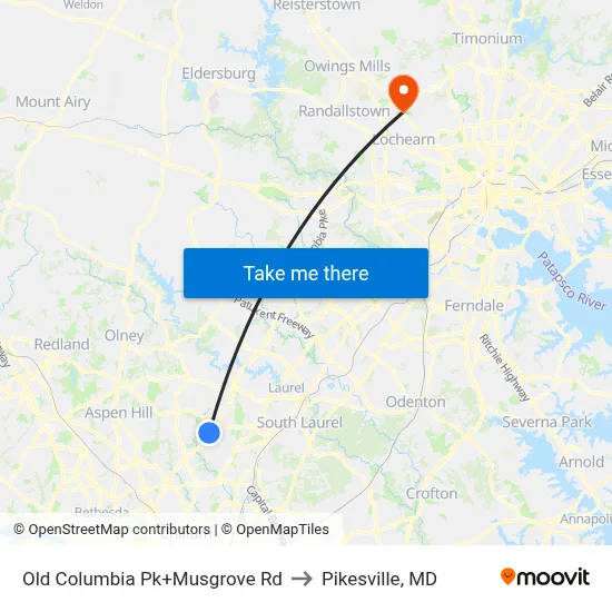 Old Columbia Pk+Musgrove Rd to Pikesville, MD map