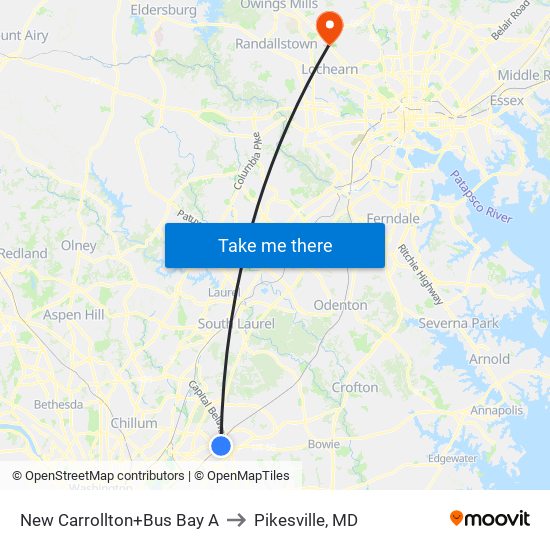 New Carrollton+Bay A to Pikesville, MD map