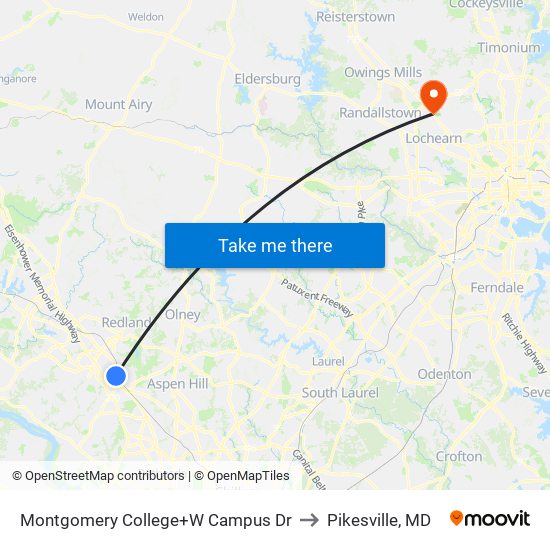 Montgomery College+W Campus Dr to Pikesville, MD map