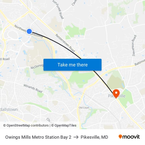 Owings Mills Metro Station Bay 2 to Pikesville, MD map