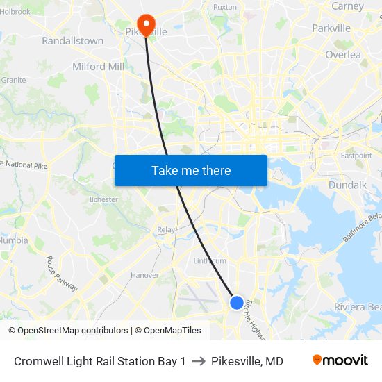 Cromwell Light Rail Station Bay 1 to Pikesville, MD map