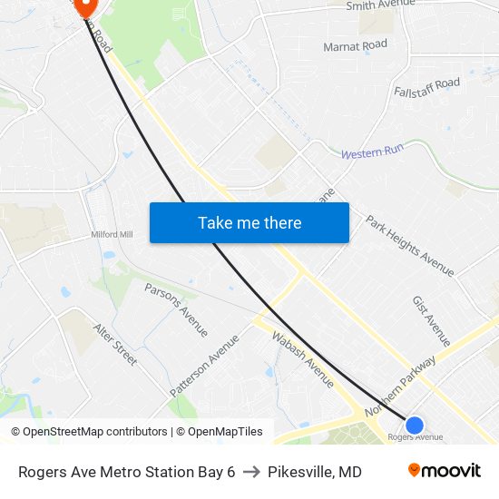 Rogers Ave Metro Station Bay 6 to Pikesville, MD map