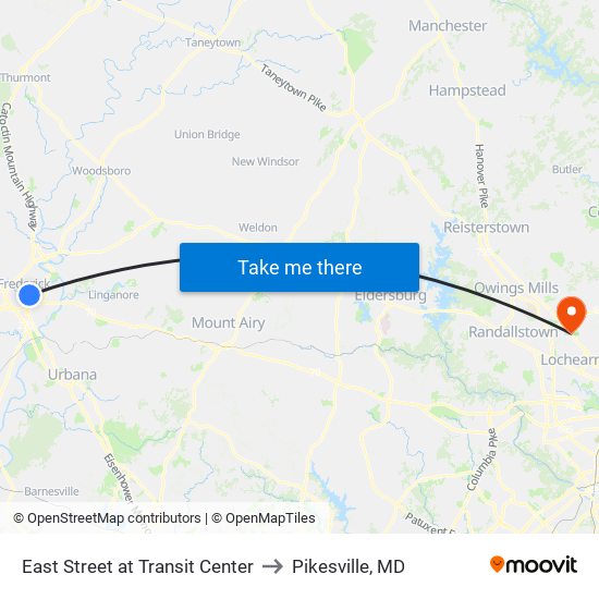 East Street at Transit Center to Pikesville, MD map