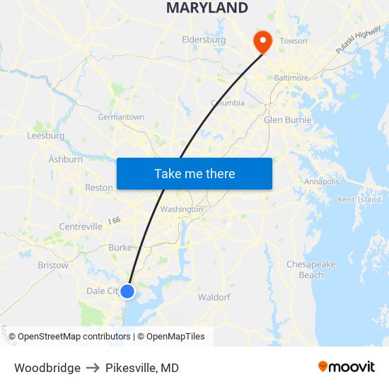 Woodbridge to Pikesville, MD map
