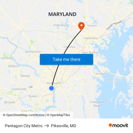 Pentagon City Metro to Pikesville, MD map