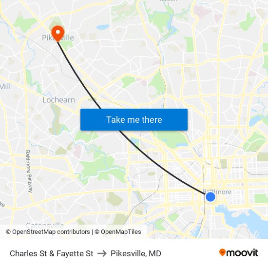 Charles St & Fayette St to Pikesville, MD map