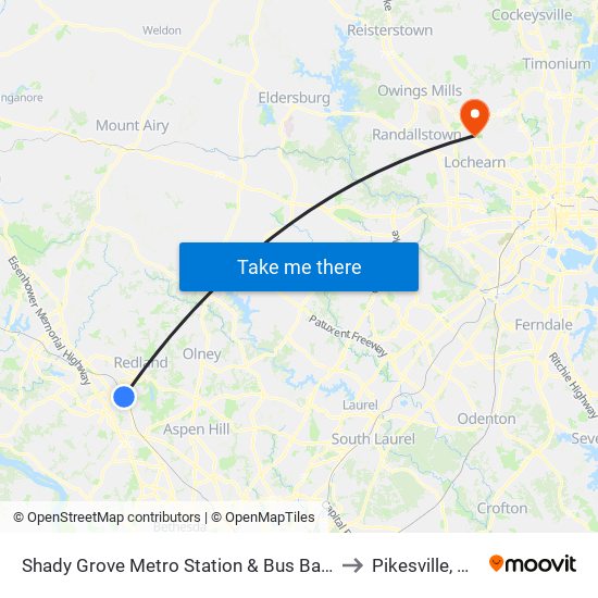 Shady Grove Metro Station & Bus Bay C to Pikesville, MD map