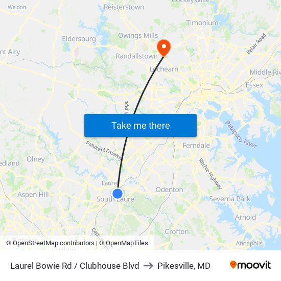 Laurel Bowie Rd / Clubhouse Blvd to Pikesville, MD map