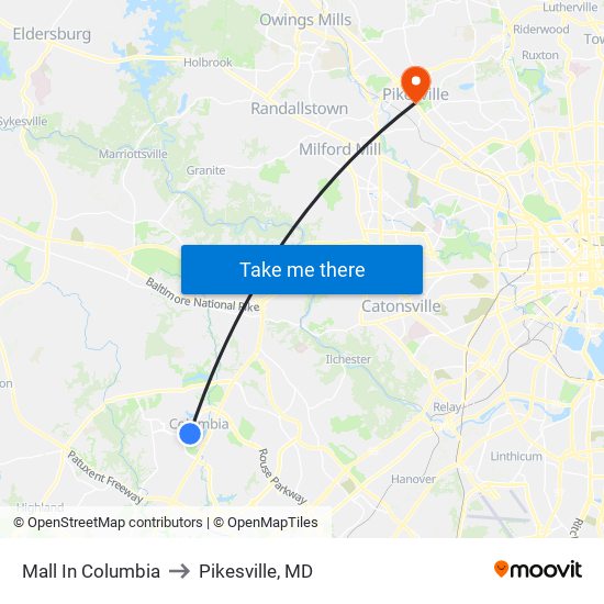 Mall In Columbia to Pikesville, MD map