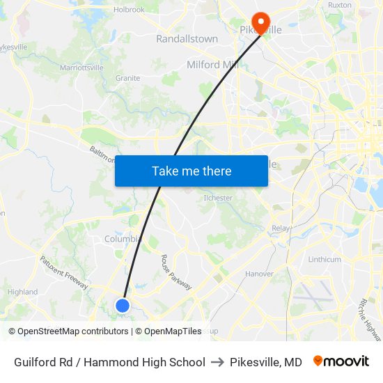 Guilford Rd / Hammond High School to Pikesville, MD map
