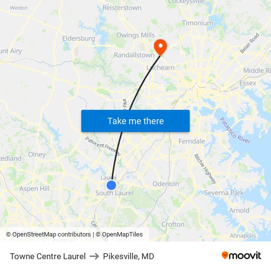 Towne Centre Laurel to Pikesville, MD map