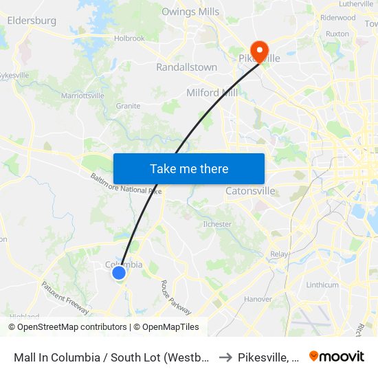 Mall In Columbia / South Lot (Westbound) to Pikesville, MD map