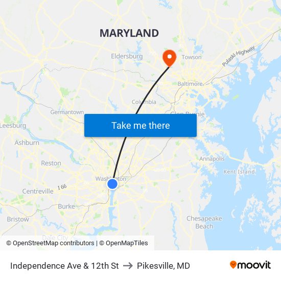 Independence Ave & 12th St to Pikesville, MD map