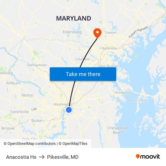 Anacostia Hs to Pikesville, MD map