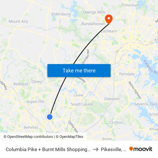 Columbia Pike + Burnt Mills Shopping Center to Pikesville, MD map