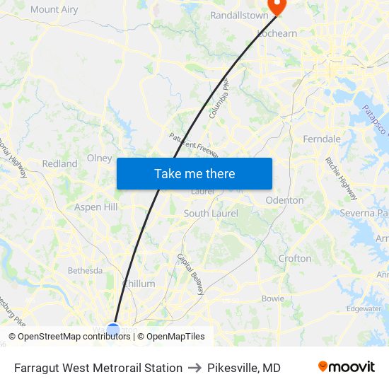 Farragut West  Metrorail Station to Pikesville, MD map