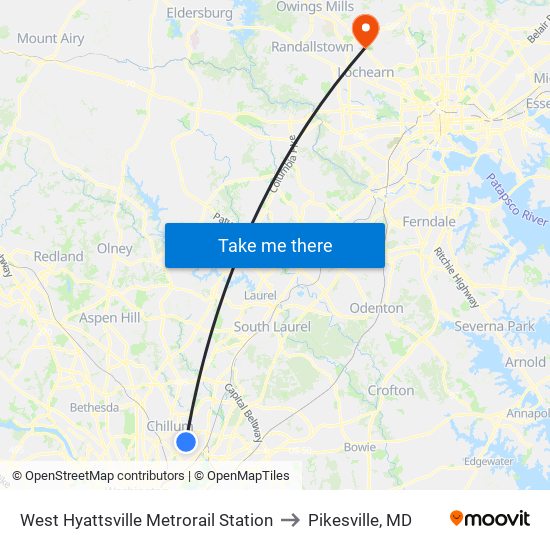 West Hyattsville Metrorail Station to Pikesville, MD map