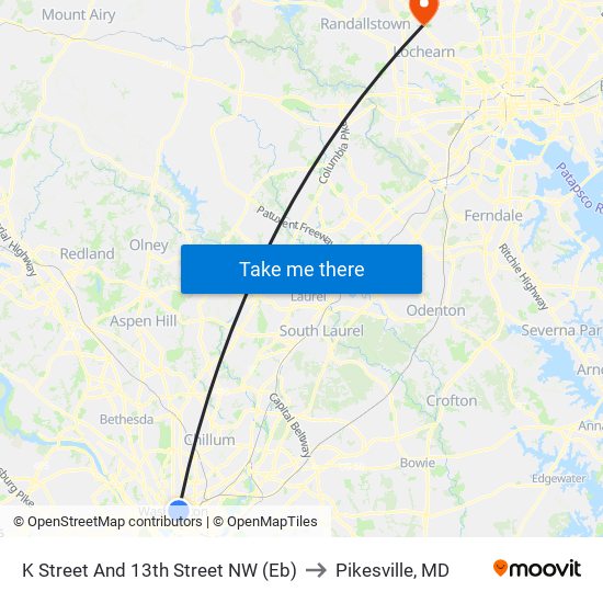 K Street And 13th Street NW (Eb) to Pikesville, MD map