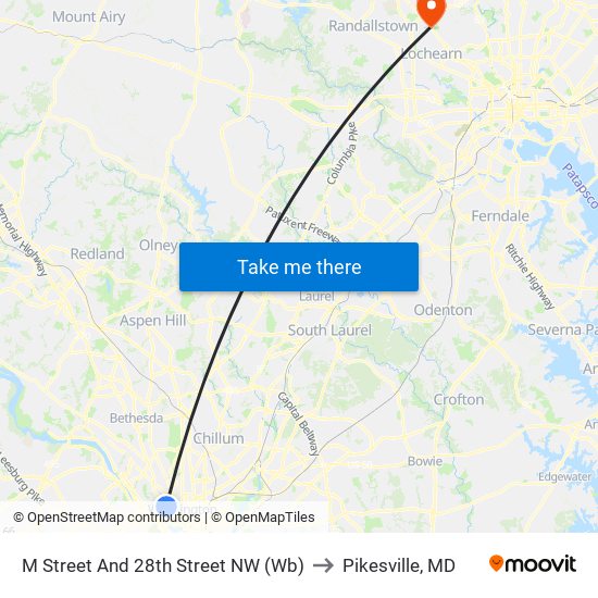 M Street And 28th Street NW (Wb) to Pikesville, MD map