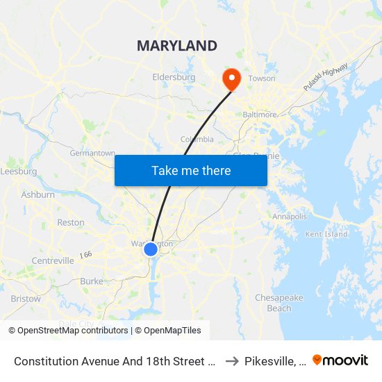 Constitution Avenue And 18th Street NW (Eb) to Pikesville, MD map