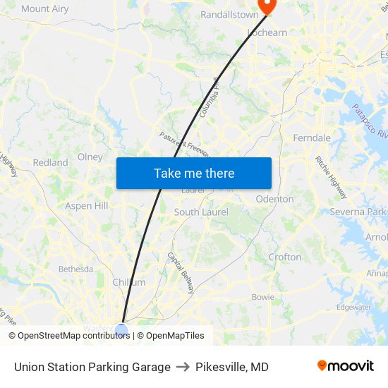 Union Station Parking Garage to Pikesville, MD map