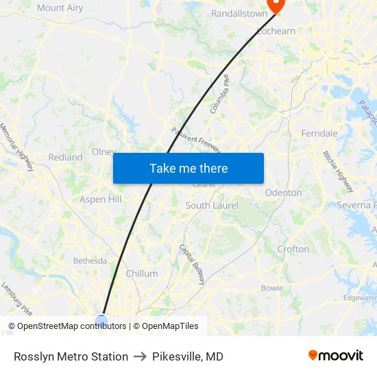 Rosslyn Metro Station to Pikesville, MD map