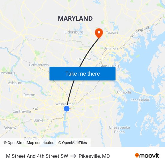 M Street And 4th Street SW to Pikesville, MD map