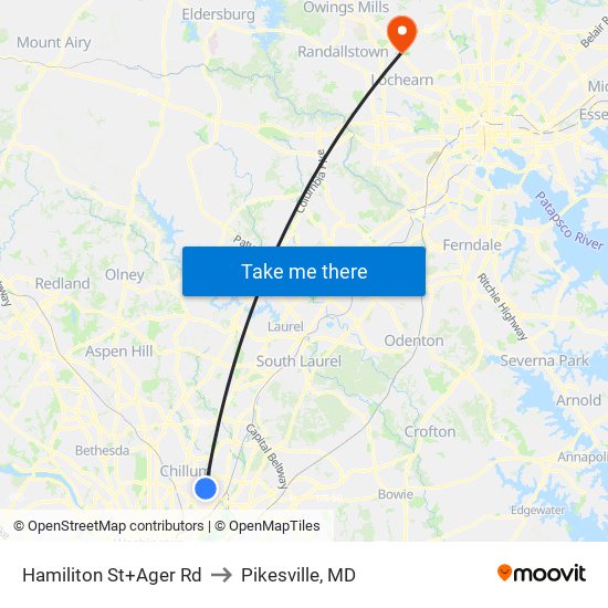 Hamiliton St+Ager Rd to Pikesville, MD map