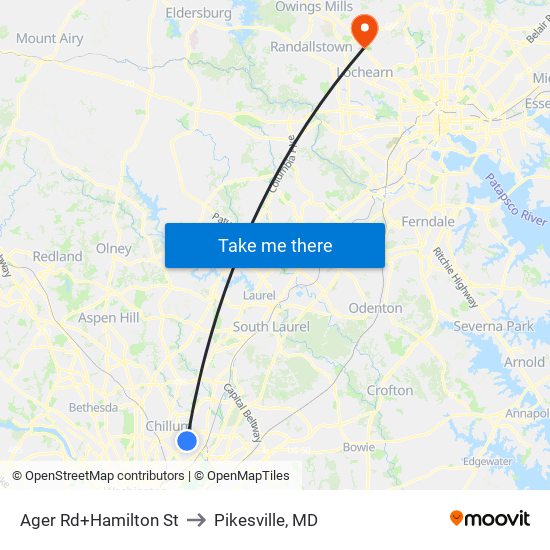 Ager Rd+Hamilton St to Pikesville, MD map