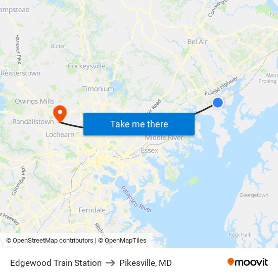 Edgewood Train Station to Pikesville, MD map