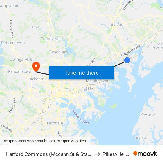 Harford Commons (Mccann St & Starr St) to Pikesville, MD map