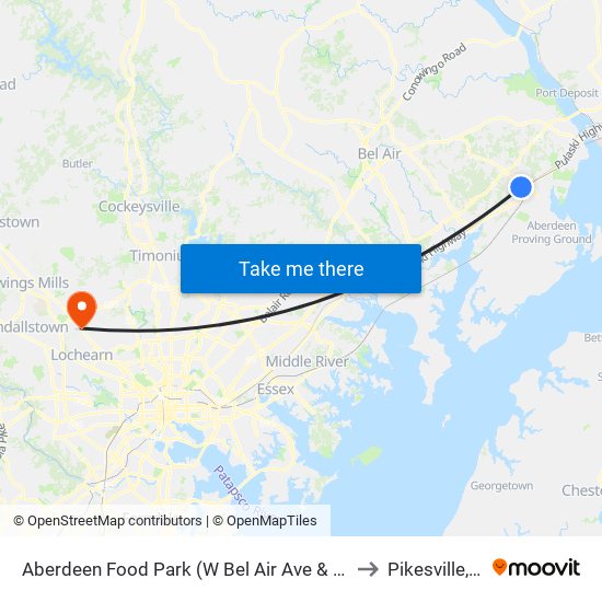 Aberdeen Food Park (W Bel Air Ave & Baker St) to Pikesville, MD map