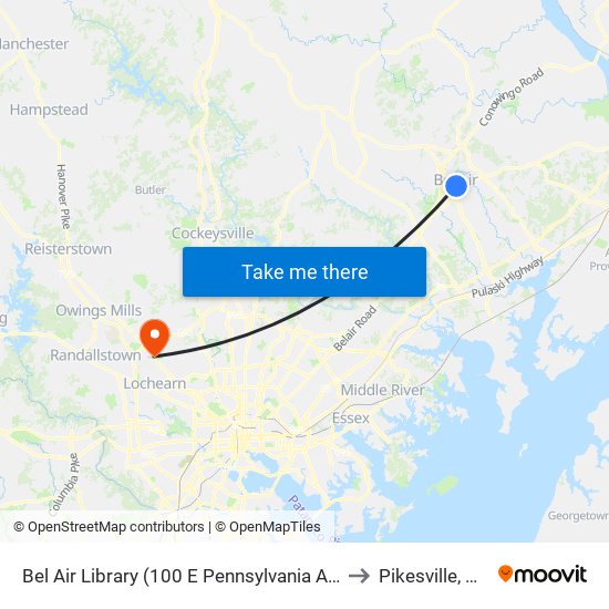 Bel Air Library (100 E Pennsylvania Ave) to Pikesville, MD map