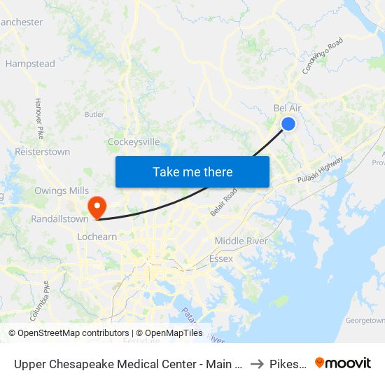 Upper Chesapeake Medical Center - Main Entrance (500 Upper Chesapeake Dr) to Pikesville, MD map