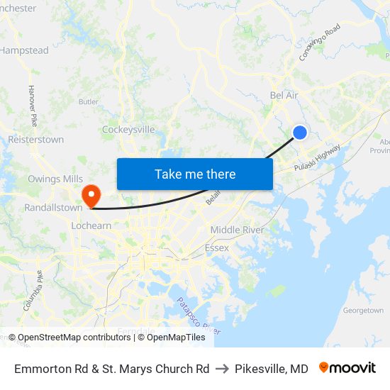 Emmorton Rd & St. Marys Church Rd to Pikesville, MD map