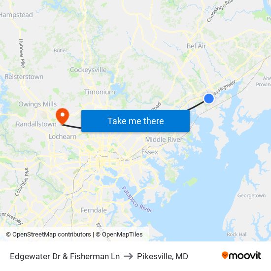 Edgewater Dr & Fisherman Ln to Pikesville, MD map