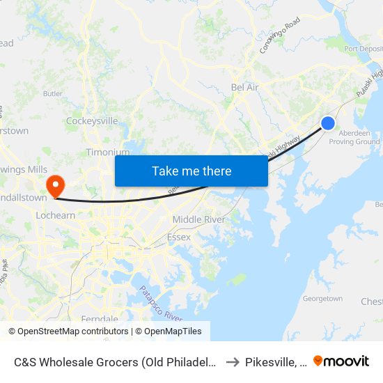 C&S Wholesale Grocers (Old Philadelphia Rd) to Pikesville, MD map