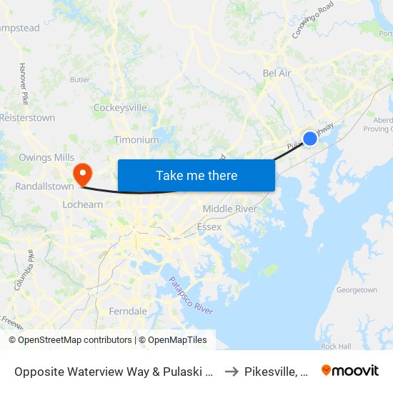 Opposite Waterview Way & Pulaski Hwy to Pikesville, MD map