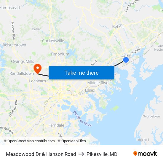 Meadowood Dr & Hanson Road to Pikesville, MD map