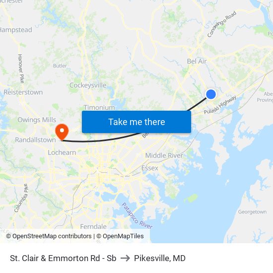 St. Clair & Emmorton Rd - Sb to Pikesville, MD map