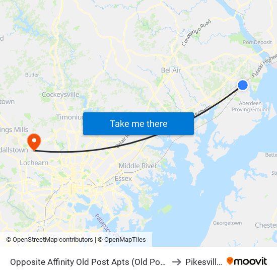 Opposite Affinity Old Post Apts (Old Post Rd & Michael La) to Pikesville, MD map