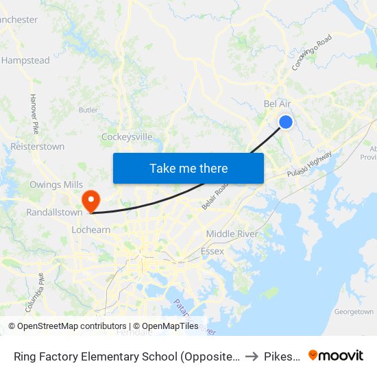 Ring Factory Elementary School (Opposite Emmorton Rd/Rt 924 & Lexington Rd) to Pikesville, MD map