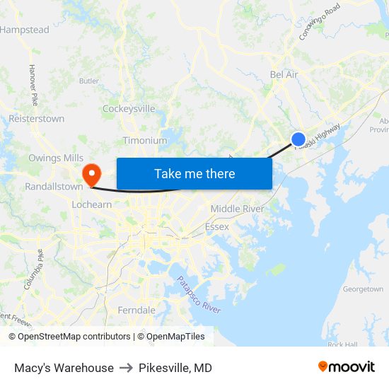 Macy's Warehouse to Pikesville, MD map