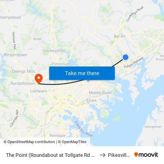 The Point (Roundabout at Tollgate Rd & Westover Ln) to Pikesville, MD map
