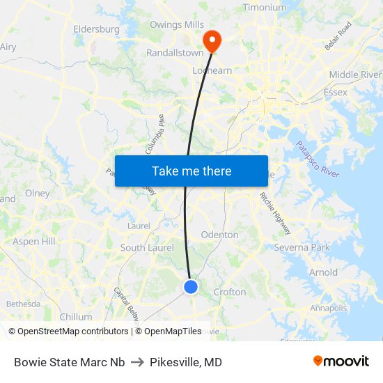 Bowie State Marc Nb to Pikesville, MD map