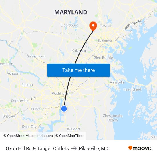 Oxon Hill Rd & Tanger Outlets to Pikesville, MD map