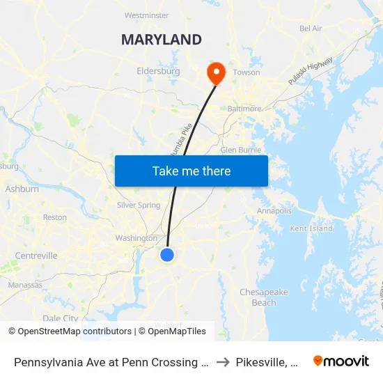 Pennsylvania Ave at Penn Crossing Dr to Pikesville, MD map