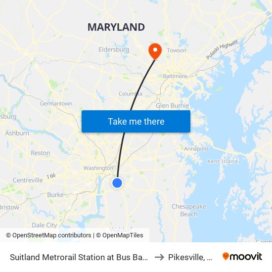 Suitland Metrorail Station at Bus Bay D to Pikesville, MD map