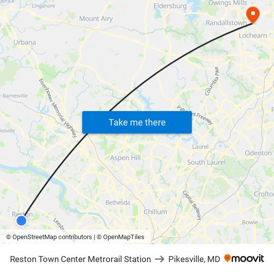 Reston Town Center Metrorail Station to Pikesville, MD map